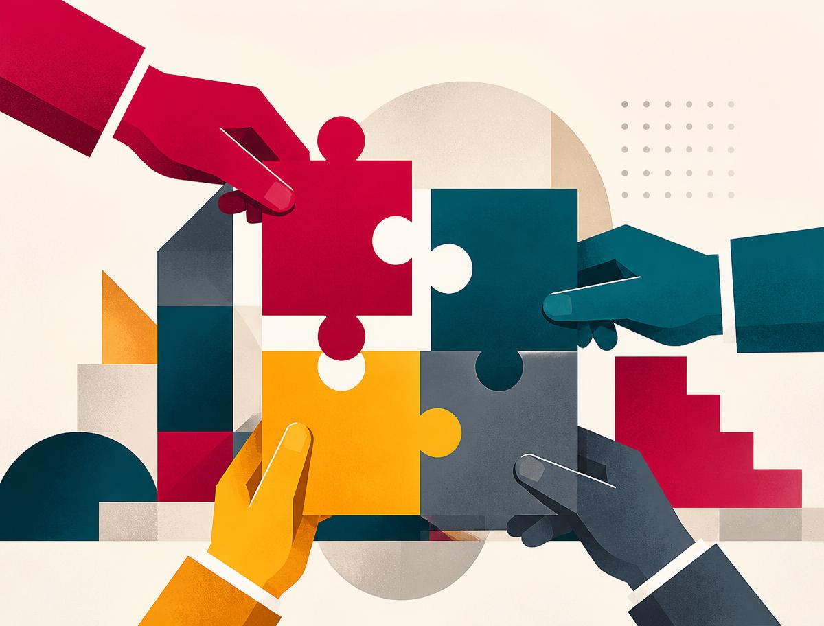 Illustration of hands fitting colorful puzzle pieces together