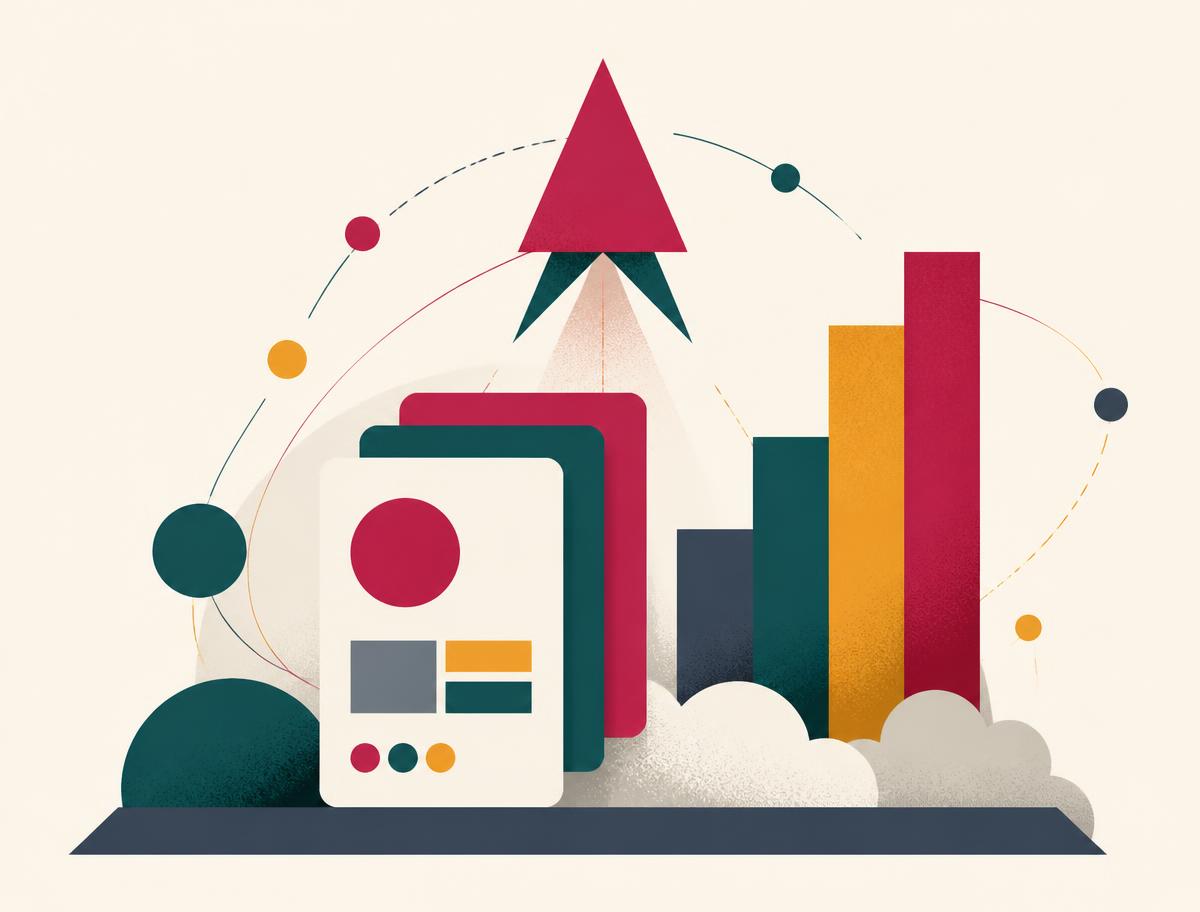 Illustration of a product launch with rising charts and a rocket shape